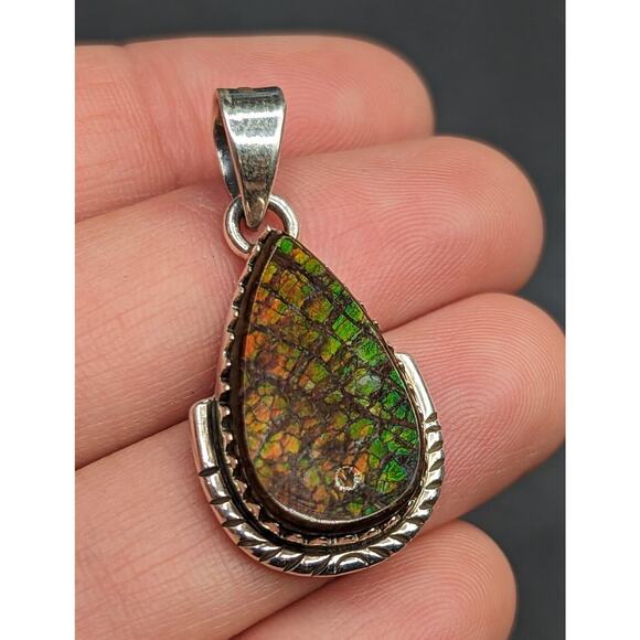 Colorful Ammolite Fossil Dragon Scale Teardrop Sterling Silver Pendant *Read* - Picture 8 of 14